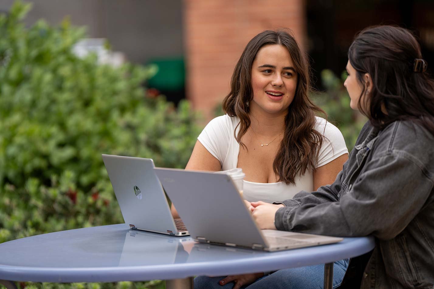 Over laptops in a green outdoor setting, students engage in a discussion, demonstrating collaborative learning in ASU's Sales and Marketing Essentials certificate program.