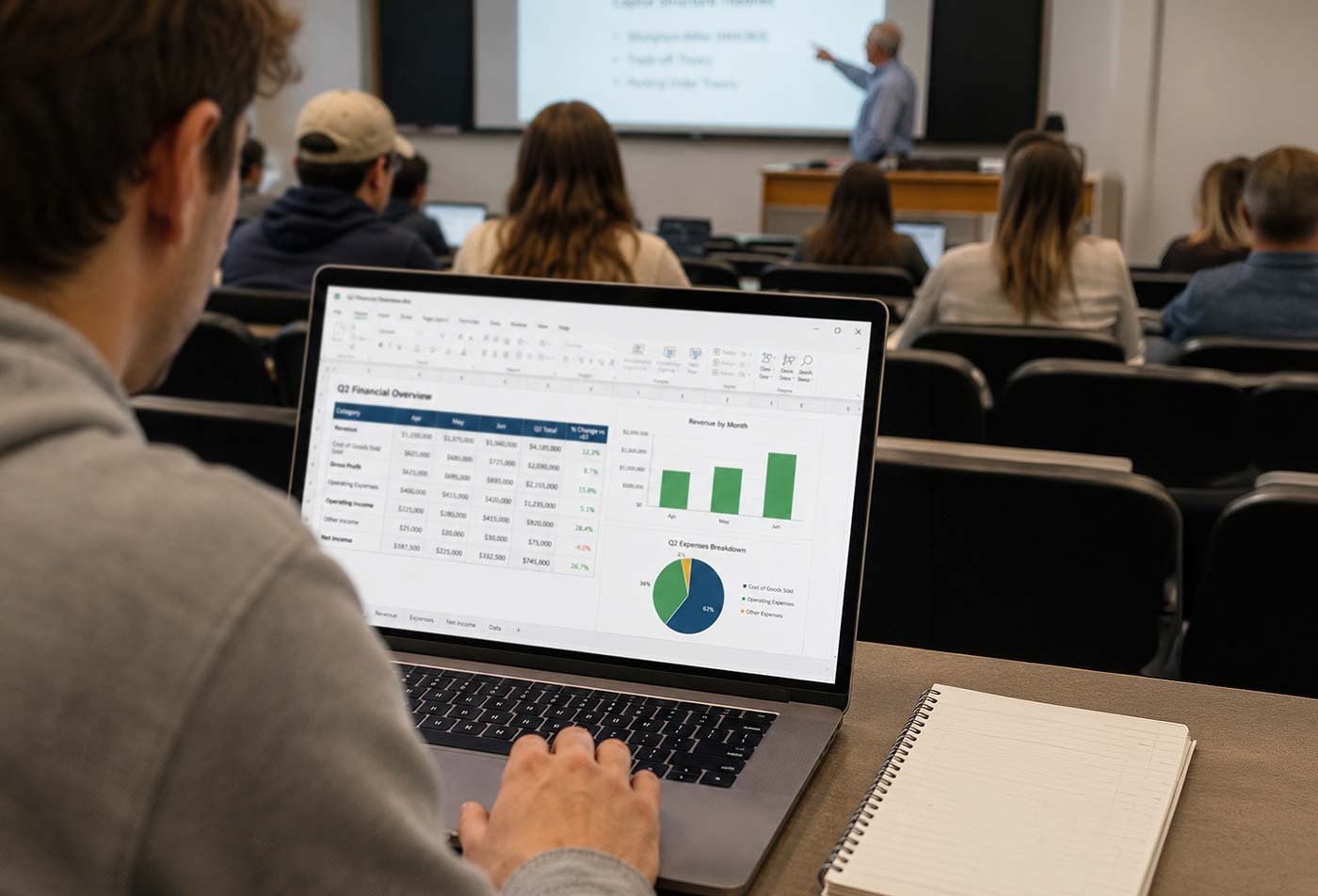 A student reviews financial data on a laptop as a professor presents, emphasizing analytical skills in ASU's Engineering Science (Business) degree.