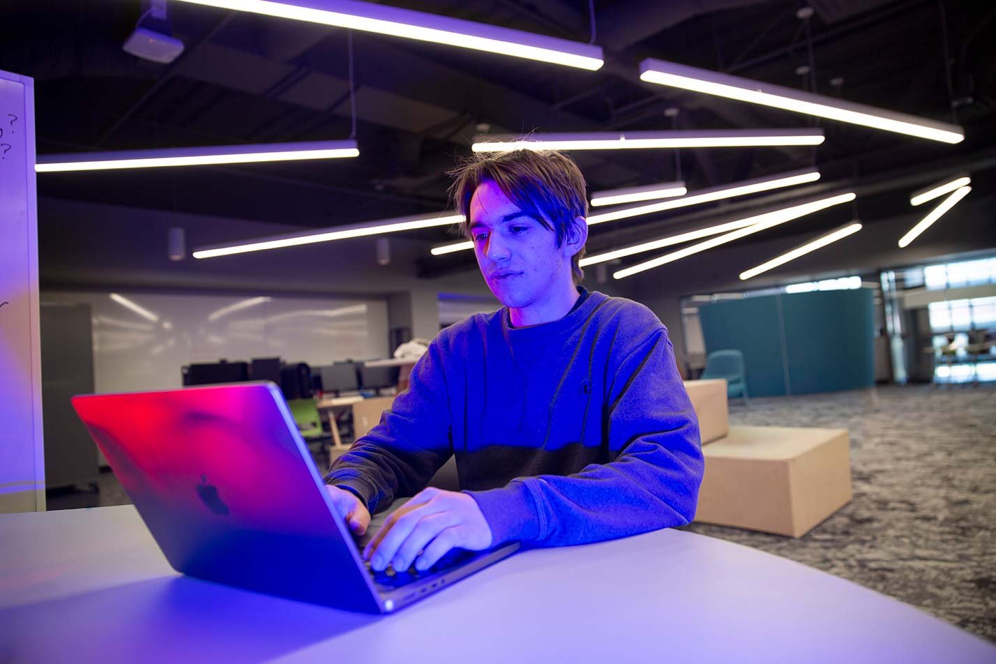 A student works on a laptop in a collaborative learning space, building computing skills in ASU's Foundations of Computing (Graduate Certificate).