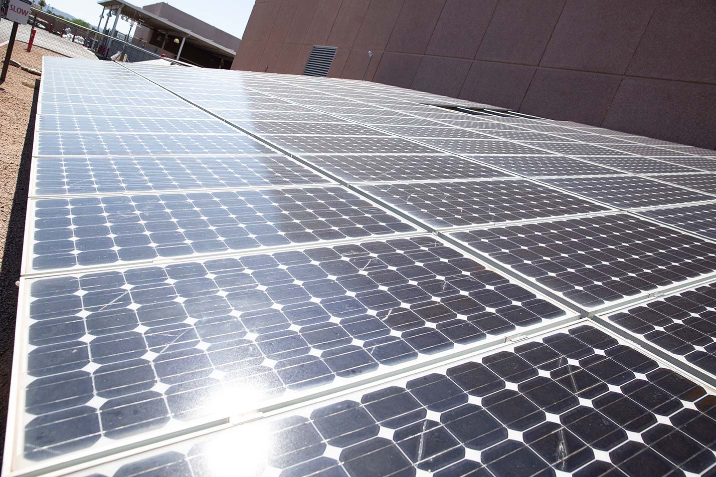 Solar panels generate renewable energy, representing sustainable technologies in ASU's Modern Energy Production and Sustainable Use, MS program.