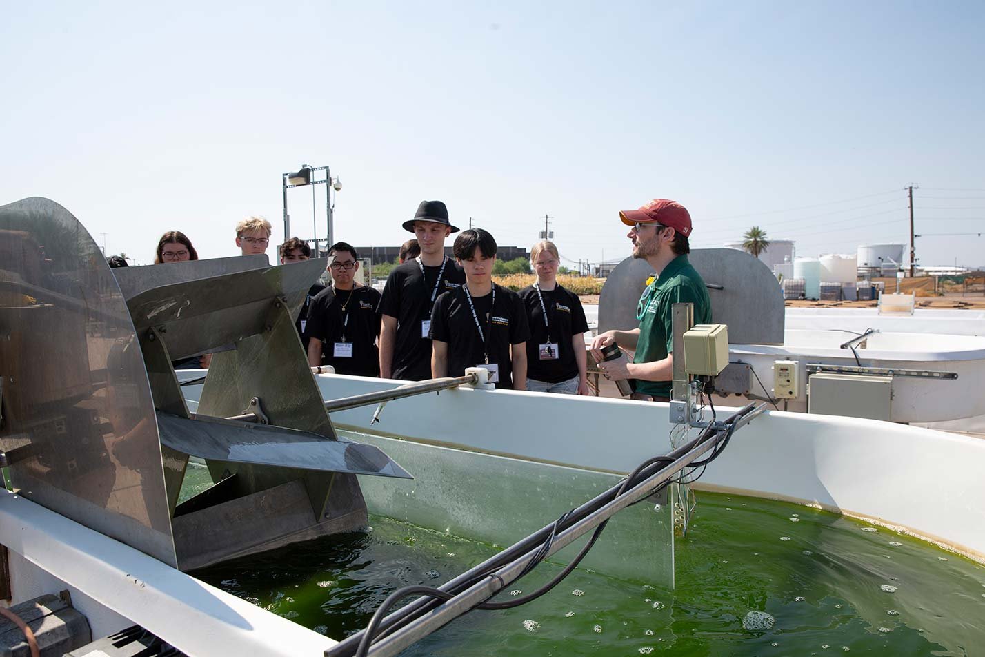 Students examine an algae cultivation system, highlighting sustainable solutions in ASU's Sustainable Engineering, MSE program.