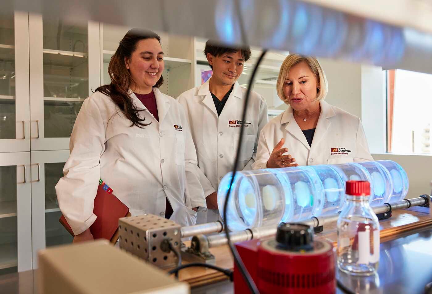 Arizona State University doctoral students from the School of Ocean Futures work on research in a lab with faculty from the Rob Walton College of Global Futures