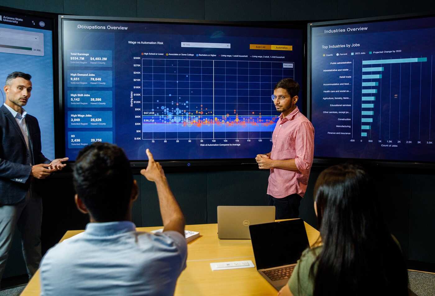 Complexity Science students from ASU's Rob Walton College of Global Futures engaging with research and data from the Decision Theater