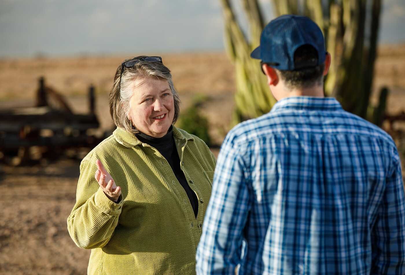 Arizona State Unviersity program director for sustainable food systems Kathleen Merrigan has a policy conversation with farmer at top ranked school for sustainability in the United States.