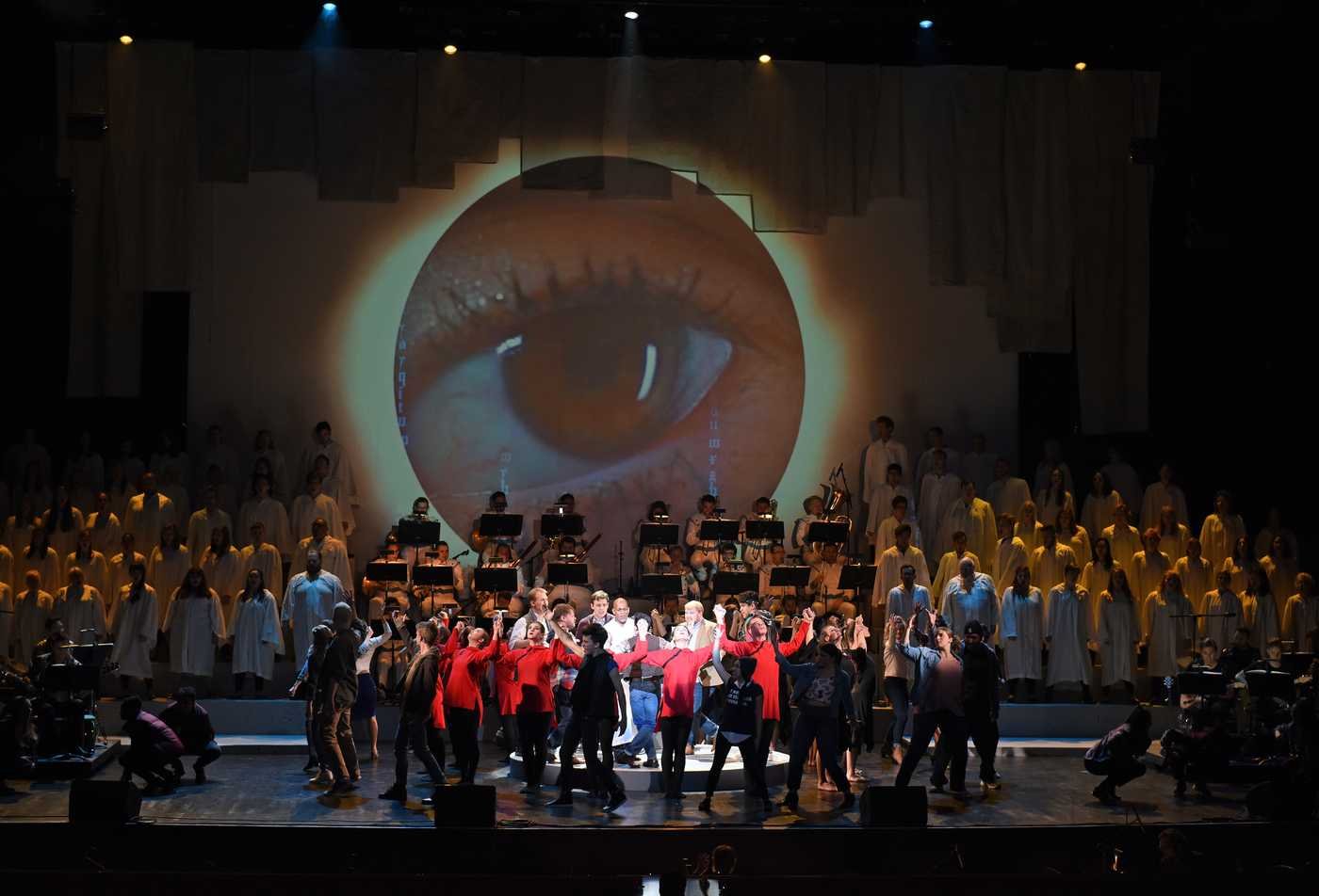 Students complete a conceptual performance on a stage, demonstrating the field explored in the Music (Interdisciplinary Digital Media), DMA.