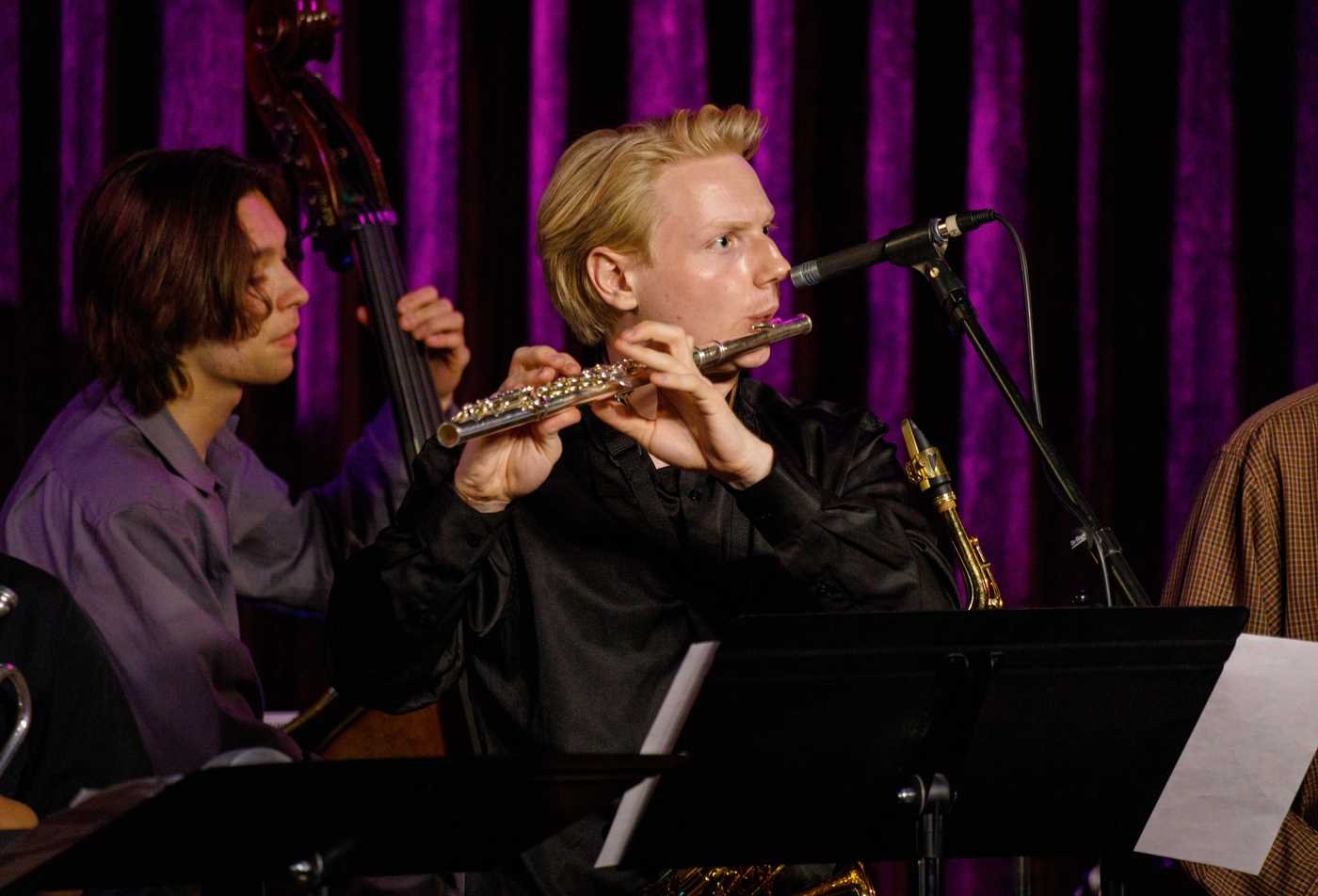 Students play in a jazz band, showcasing the field explored in the BMUS in Performance (Jazz).