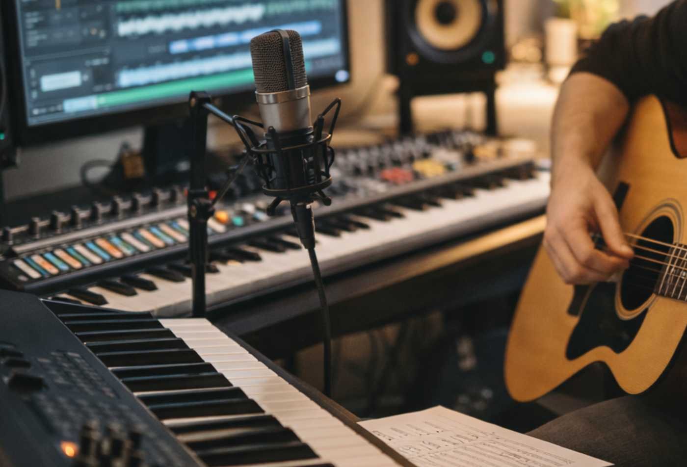 A student records his guitar performance, showcasing the field explored in the BMUS in Theory and Composition (Composition).