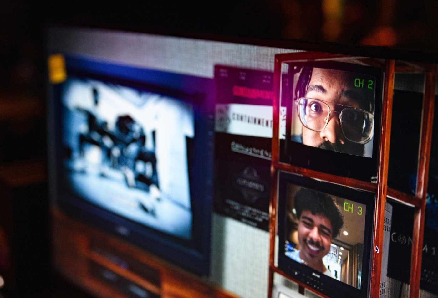 A close-up of a vintage television with a blurred black-and-white image, featuring two smaller frames showing surprised and smiling faces, symbolizes the certificate in Artificial Intelligence and Digital Media.