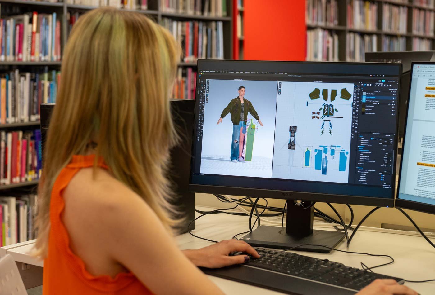 A student uses the CLO 3D system on a computer, showcasing the field explored in the certificate in CLO 3D Virtual Fashion Design.