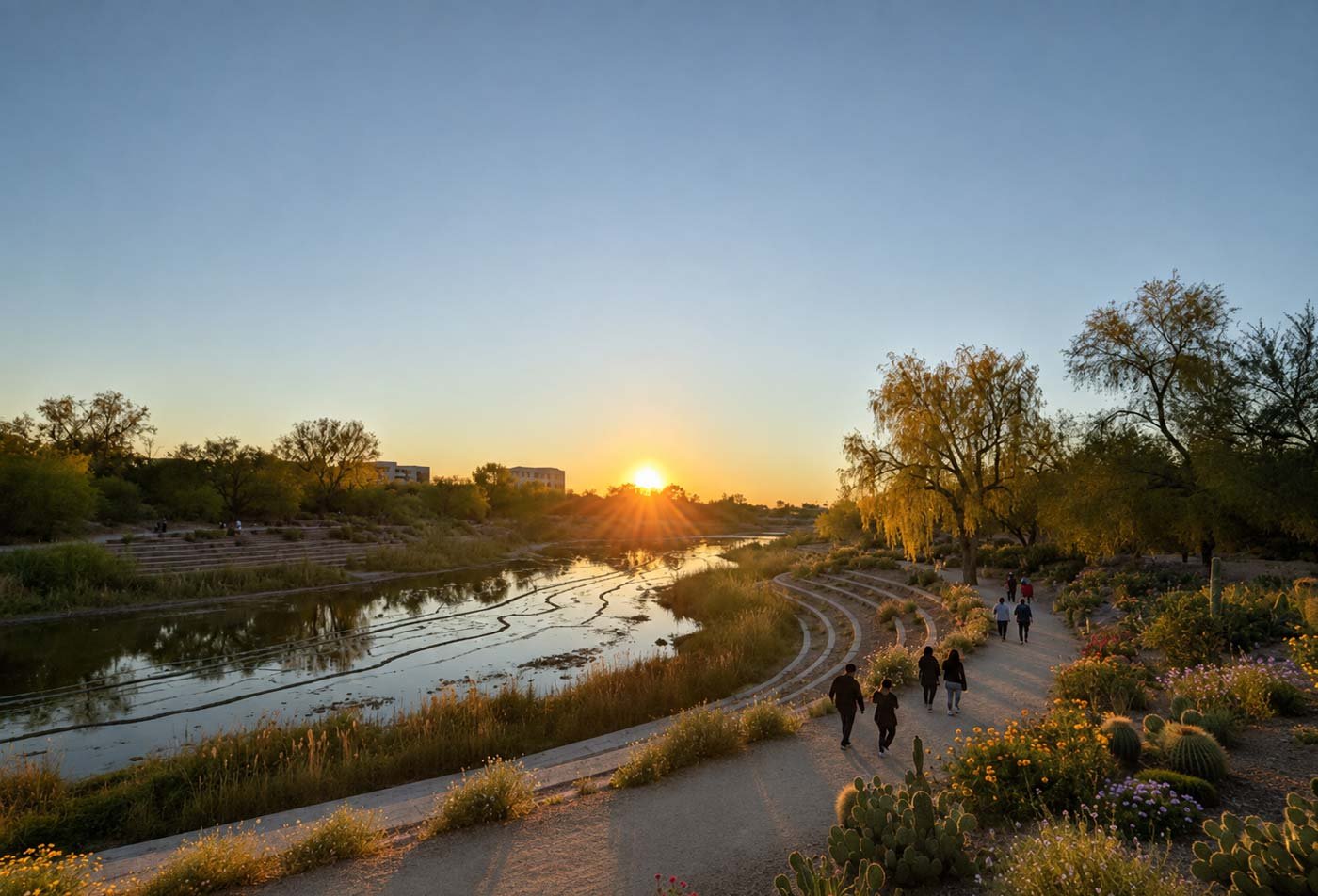 In the early morning, hikers walk beside a river in a desert landscape, symbolizing the field explored in the Indigenous Placekeeping and Design, MS