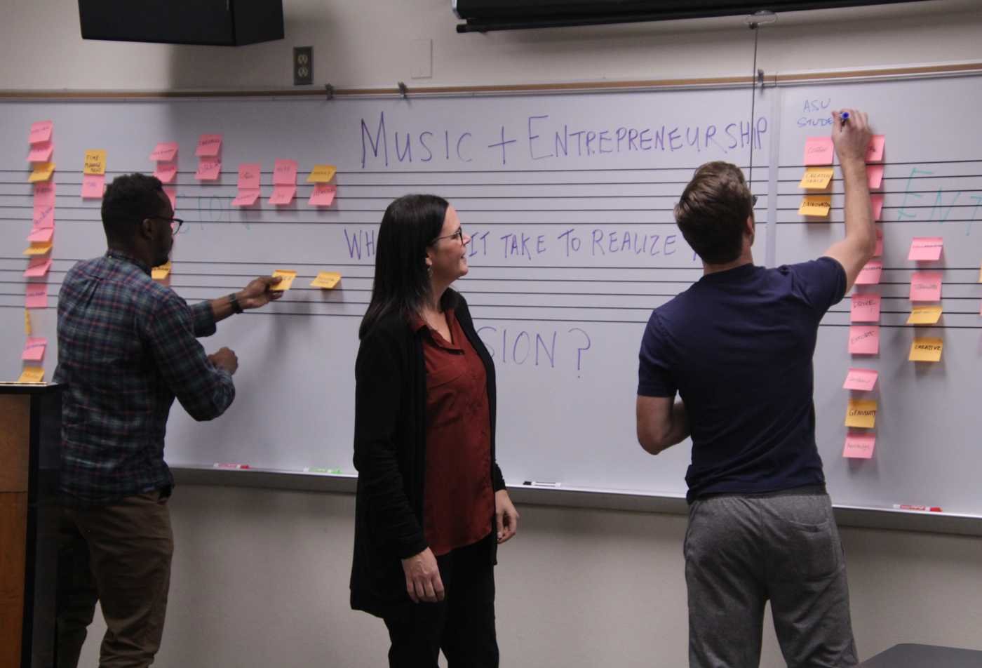 Students workshop music entrepreneurship ideas on a white board with sticky notes, showcasing hands-on learning in the Music Entrepreneurship (Graduate Certificate).