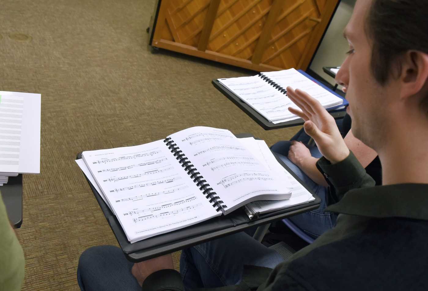 Students discuss music composition in the Music Theory Pedagogy (Graduate Certificate).