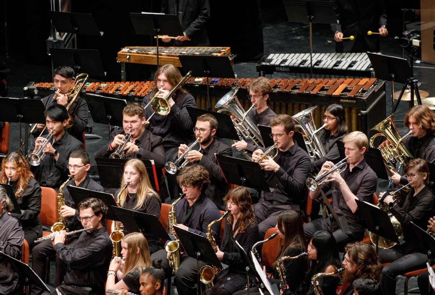 A orchestra plays together, showcasing the field explored in the minor in Music Performance.
