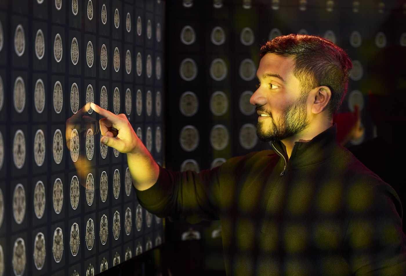 A student examines colorful diagrams of the brain, symbolizing the field explored in the Neuroscience, PhD.