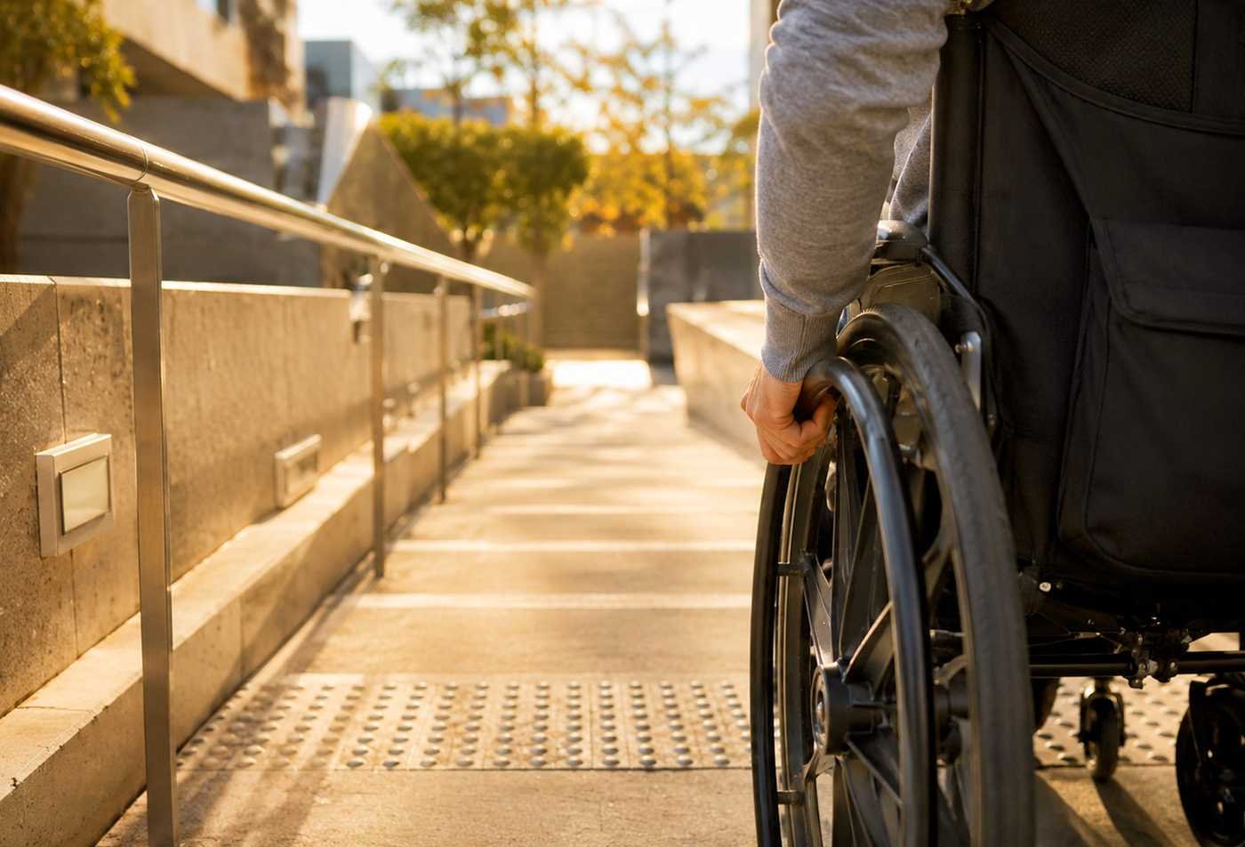A wheelchair user approaches a ramp outside, showcasing the field explored in the certificate in Disability Studies.