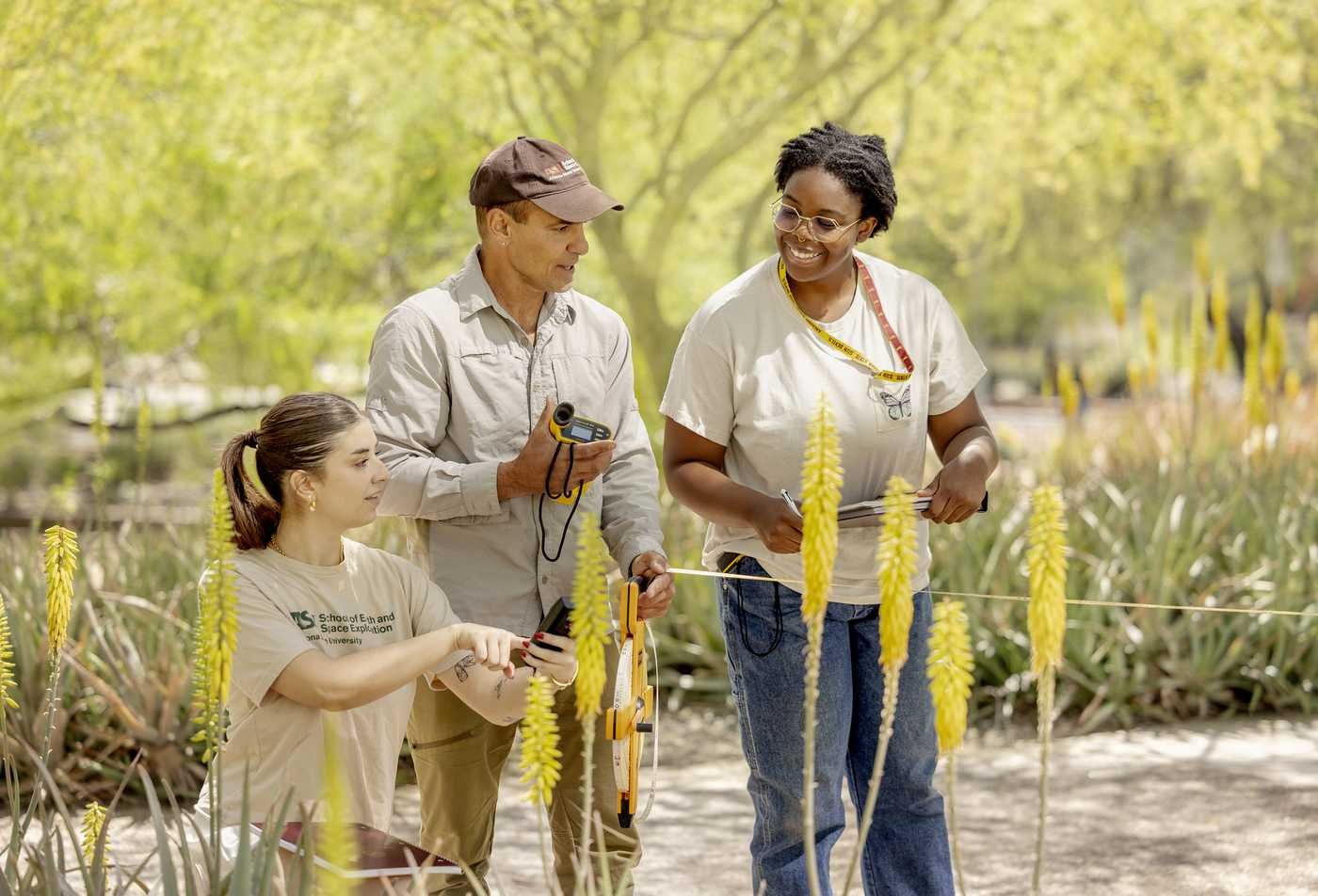 Students conduct field measurements among desert plants, exploring ecosystems in ASU's Earth and Environmental Sciences, BA program.