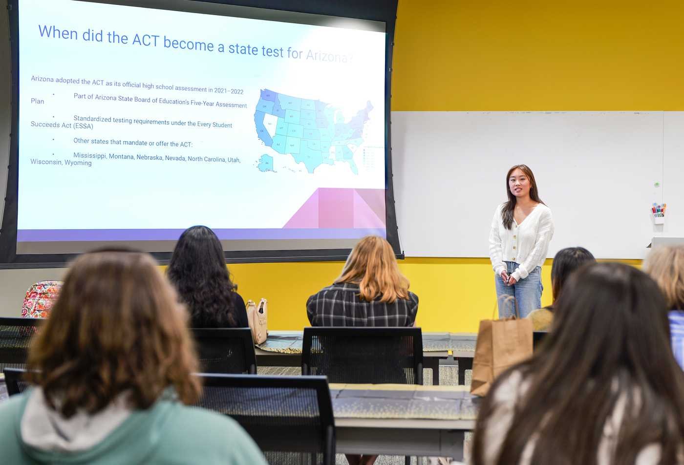 A student presents to a classroom, developing teaching skills in ASU's English (Secondary Education), BA program.