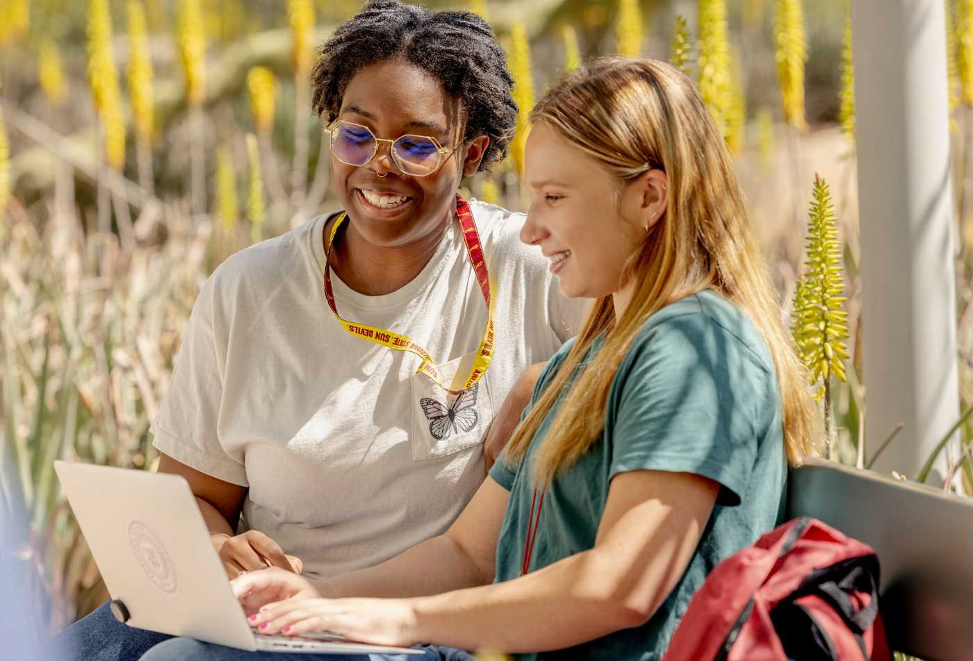 Students write notes on a laptop while outside, reflecting the field of Environmental Humanities.