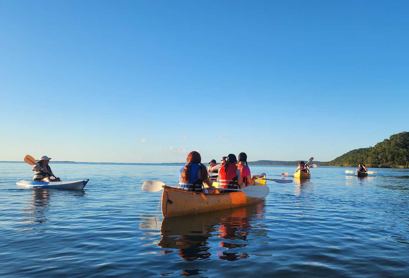 Groups of people canoe in boats in a body of water, demonstrating the field explored in the Environmental Social Science (Complex Adaptive Systems Science), PhD.