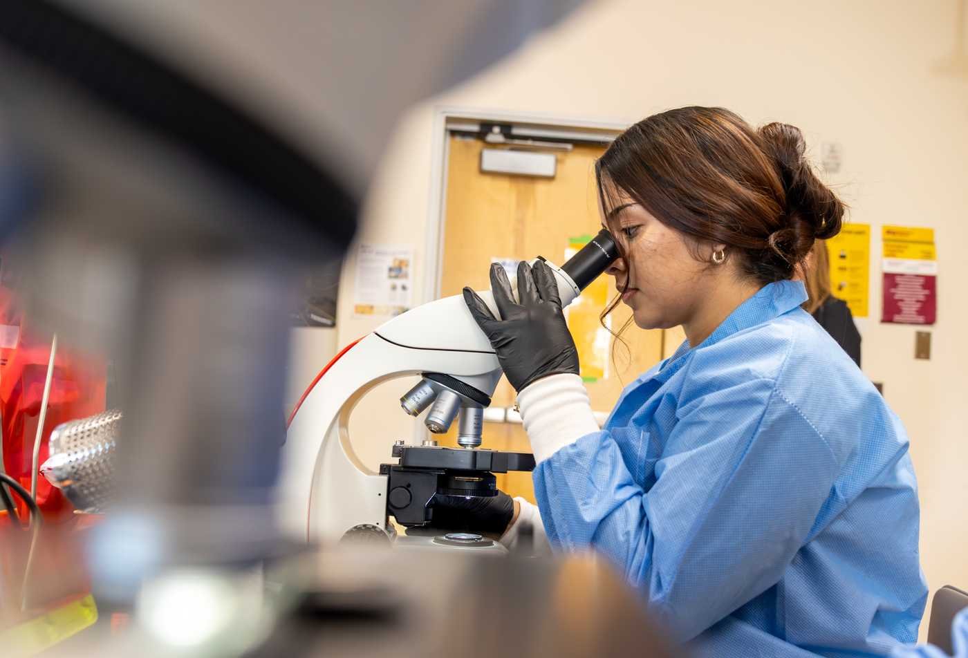Student in a labcoat working on her computer with a learning environment behind the Evolutionary Medicine (Graduate Certificate).
