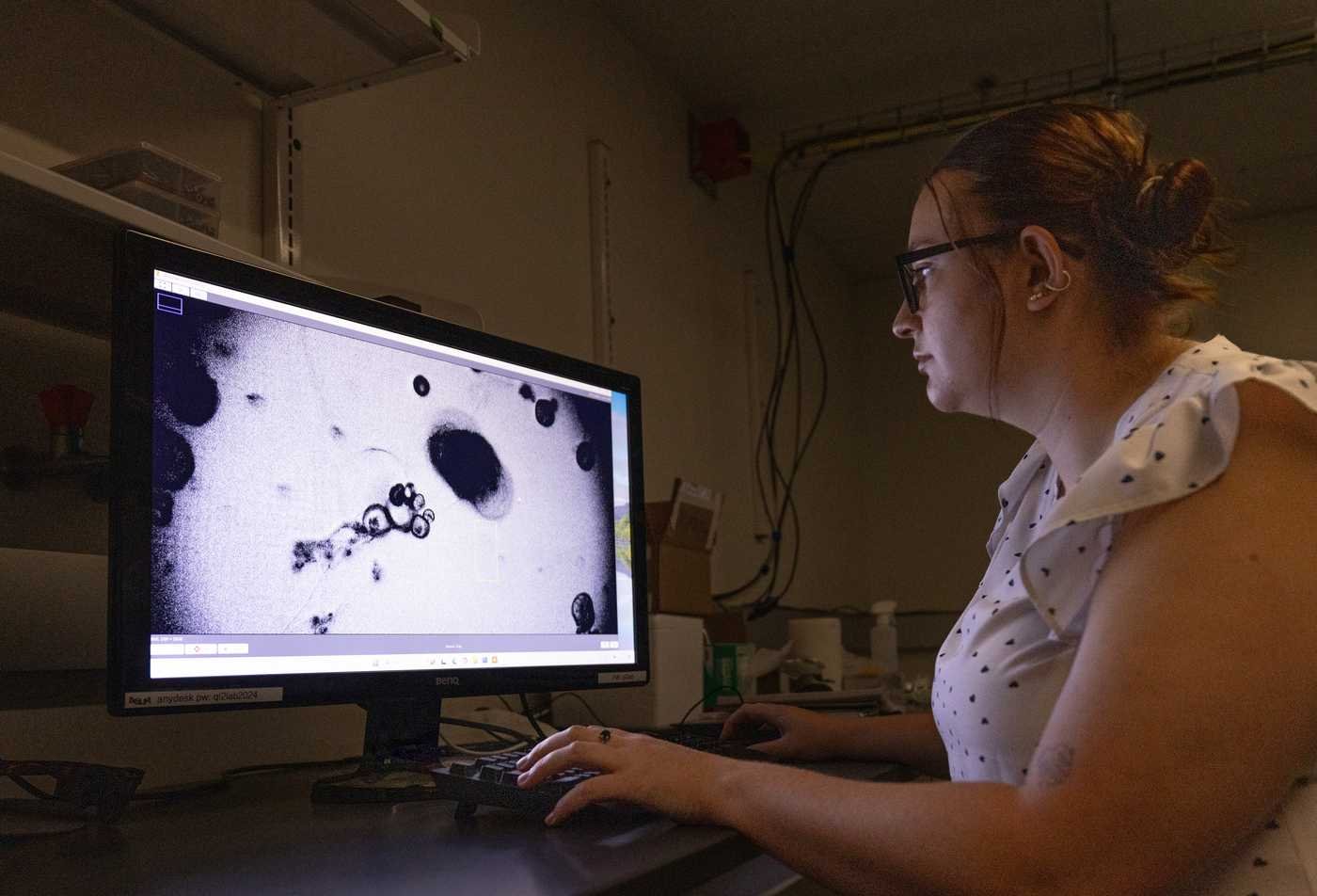 A researcher analyzes microscopic data on a computer, applying experimental science in ASU's Physics, BS program.