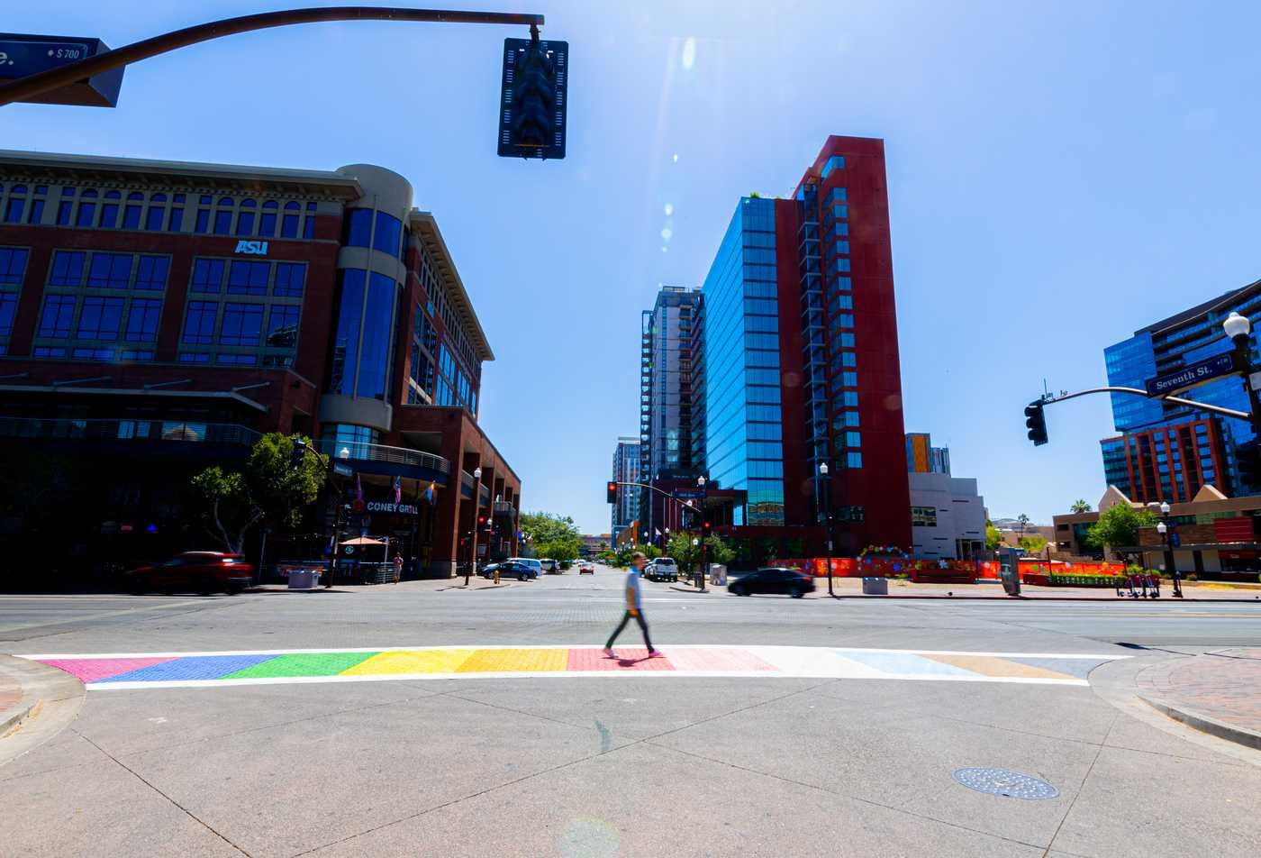 A sidewalk in Tempe is painted for Pride month rainbow, symbolizing the field explored in the certificate in Lesbian, Gay, Bisexual and Transgender Studies.