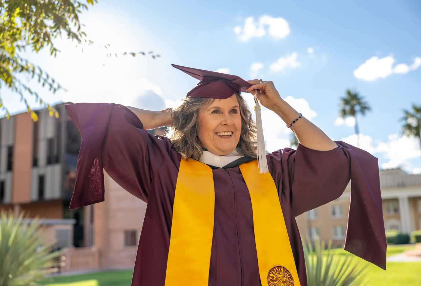 A nursing graduate in regalia symbolizes the expertise gained in the Nursing (Nursing Education), MS.