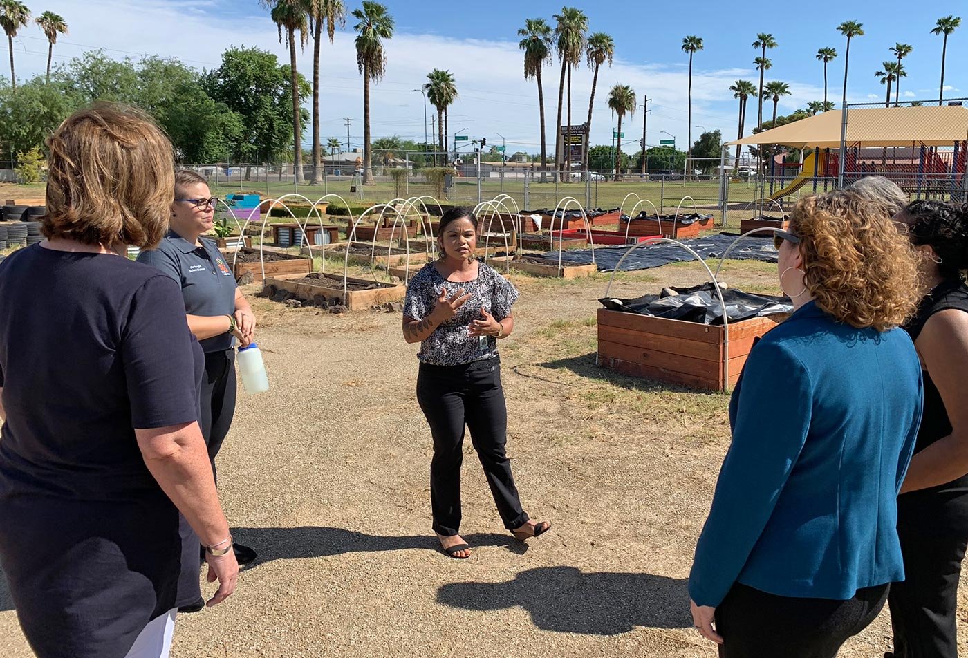Five people gather among raised garden beds and palm trees, discussing ideas central to the Parks and Recreation Management concentration.