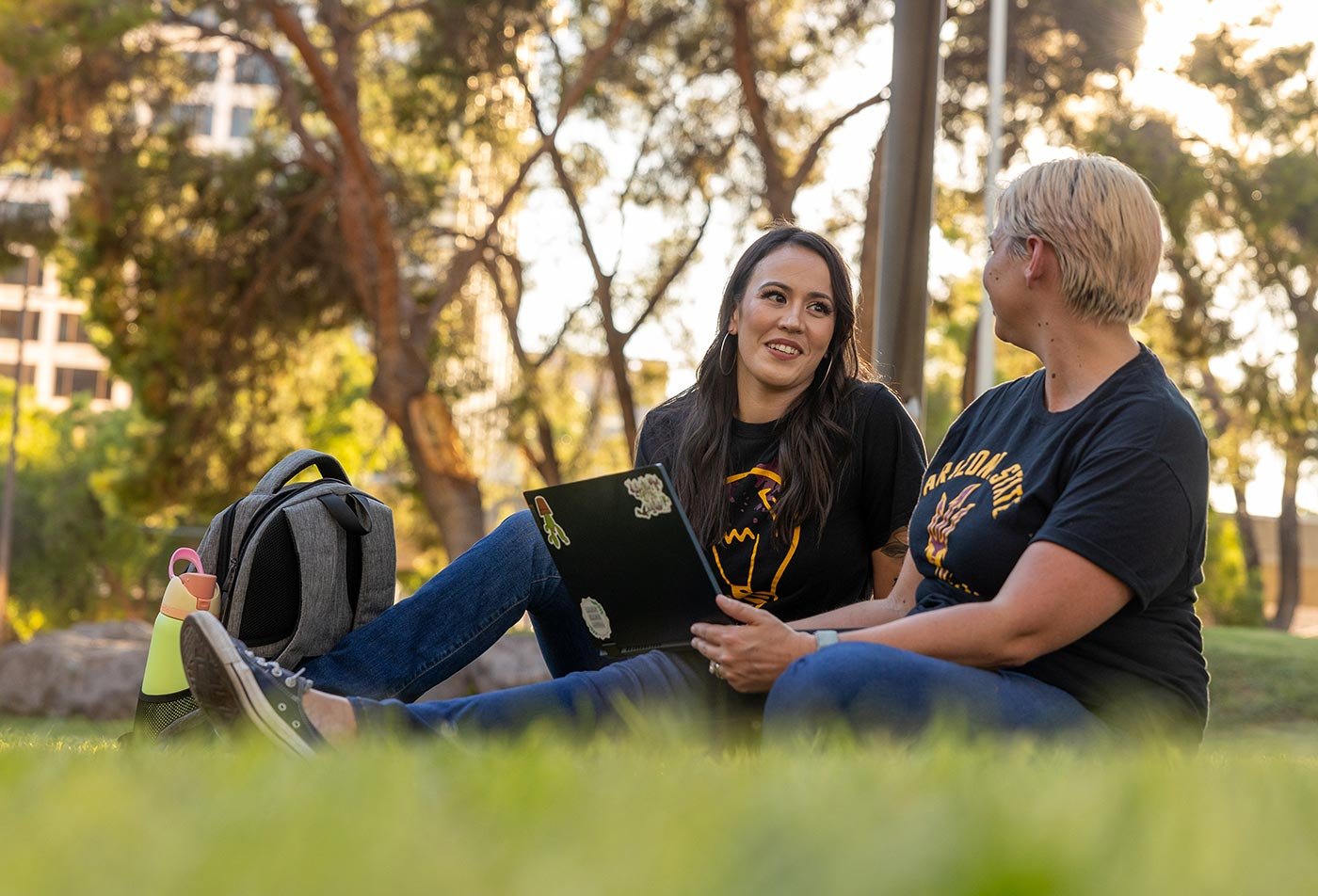 Students talk together on the grass in a park, reflecting the collaborative learning within this ASU certificate program.