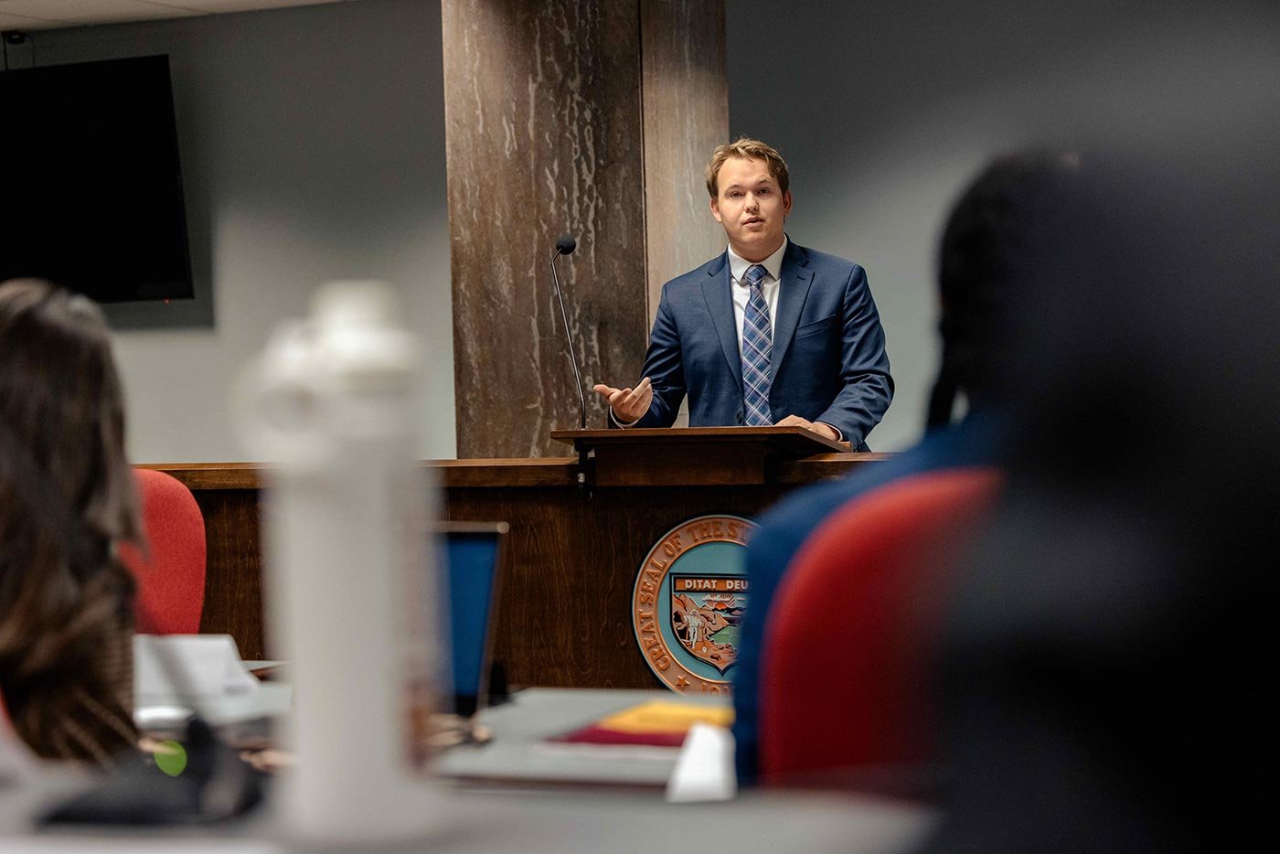 Students actively engage in a classroom presentation, reflecting the practical skills built in ASU's Public Administration program.