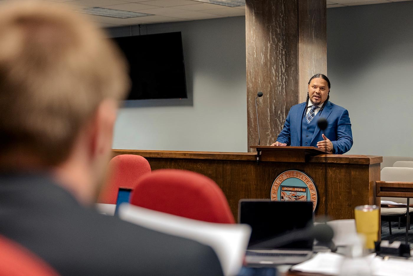 Students participate in a presentation in a legal setting, demonstrating practical skills for ASU’s Master of Public Policy degree.