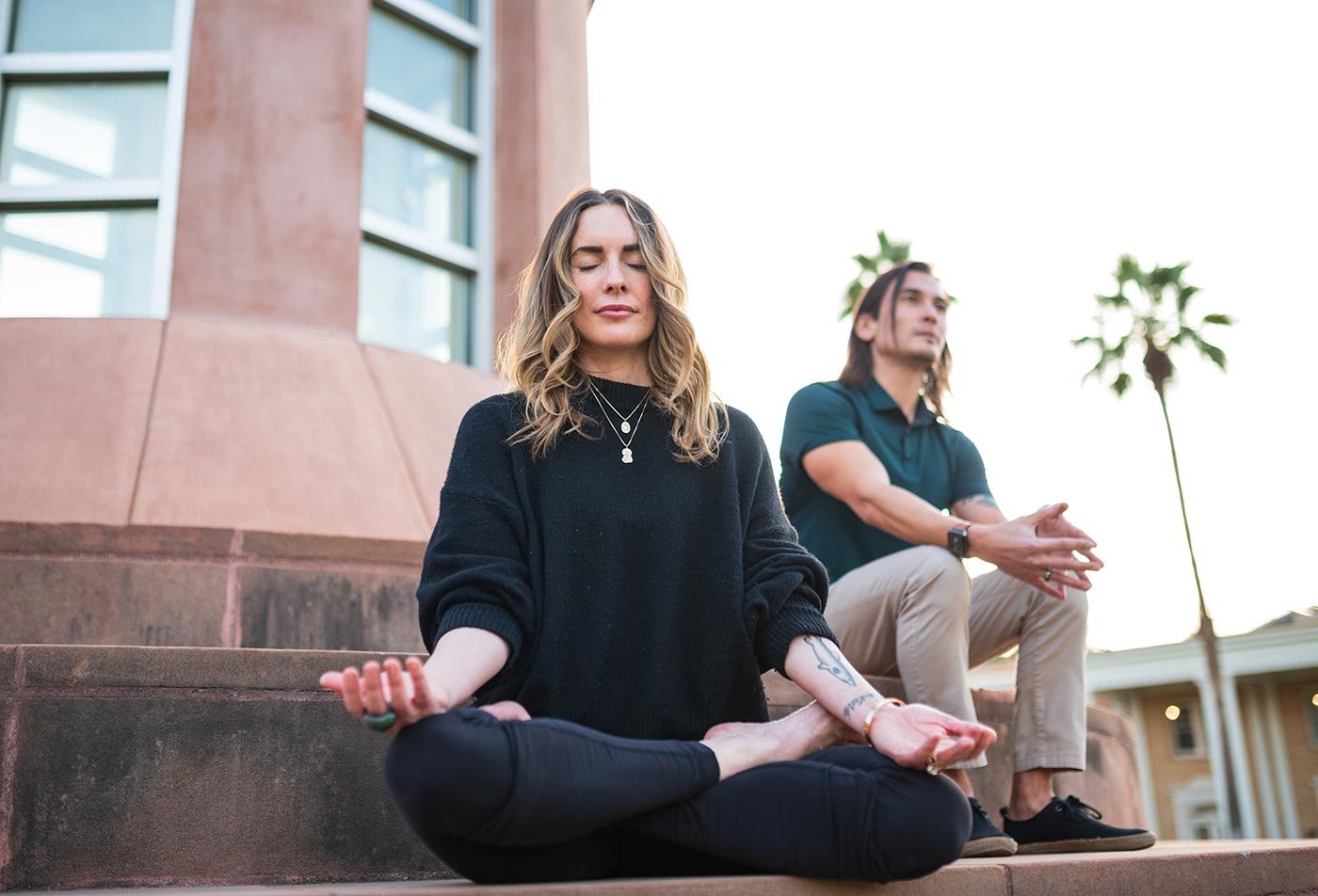 Students practice mindfulness meditation on campus, enhancing their skills in ASU’s minor in Stress Management, Mindfulness and Resilience.