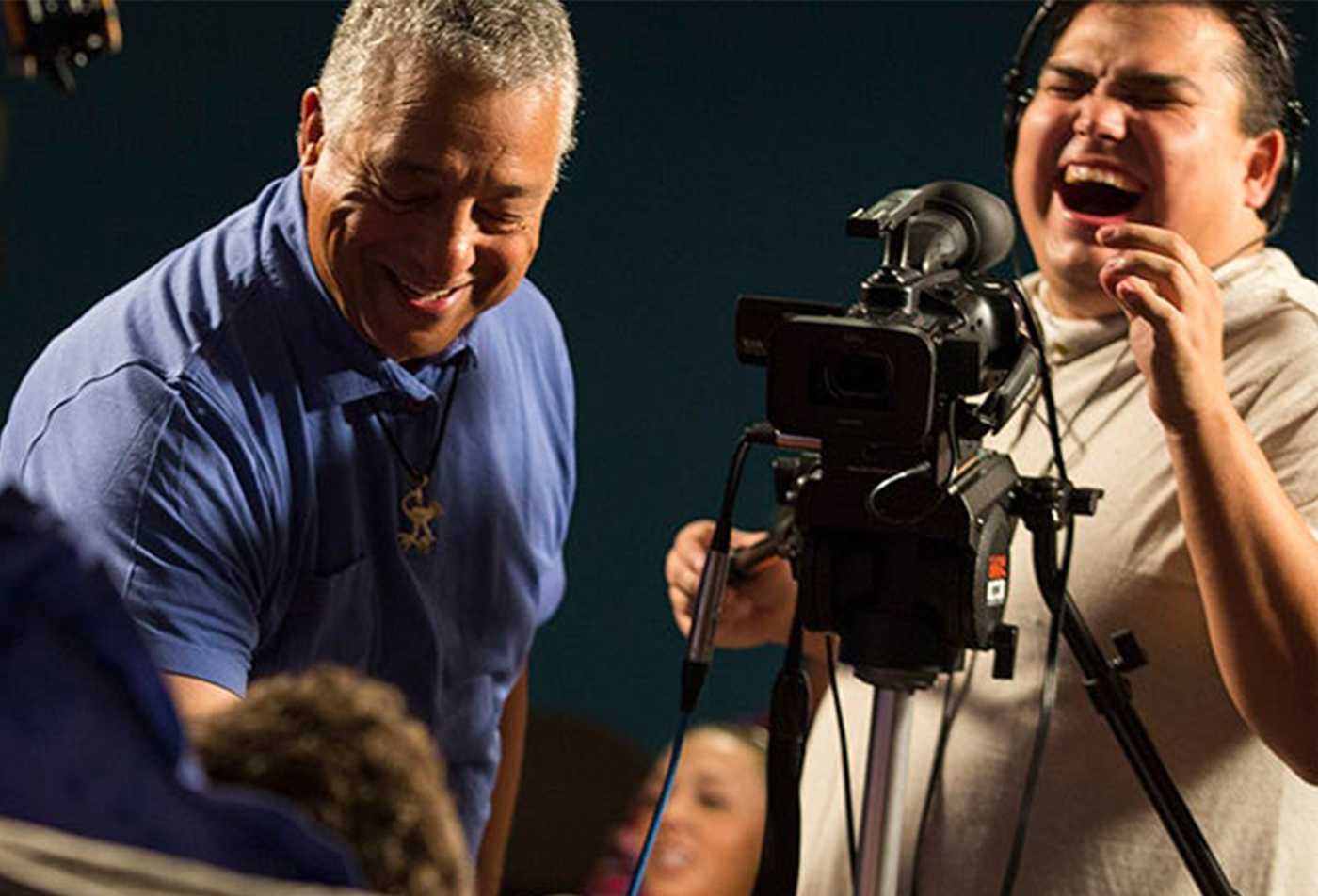 A production team works around a video camera, highlighting creative practice in ASU's Interdisciplinary Arts and Performance minor.