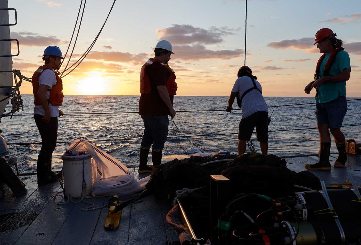 A field research team works aboard a vessel at sea, exploring ecosystems in ASU's Biology (Environmental Justice), BA program.