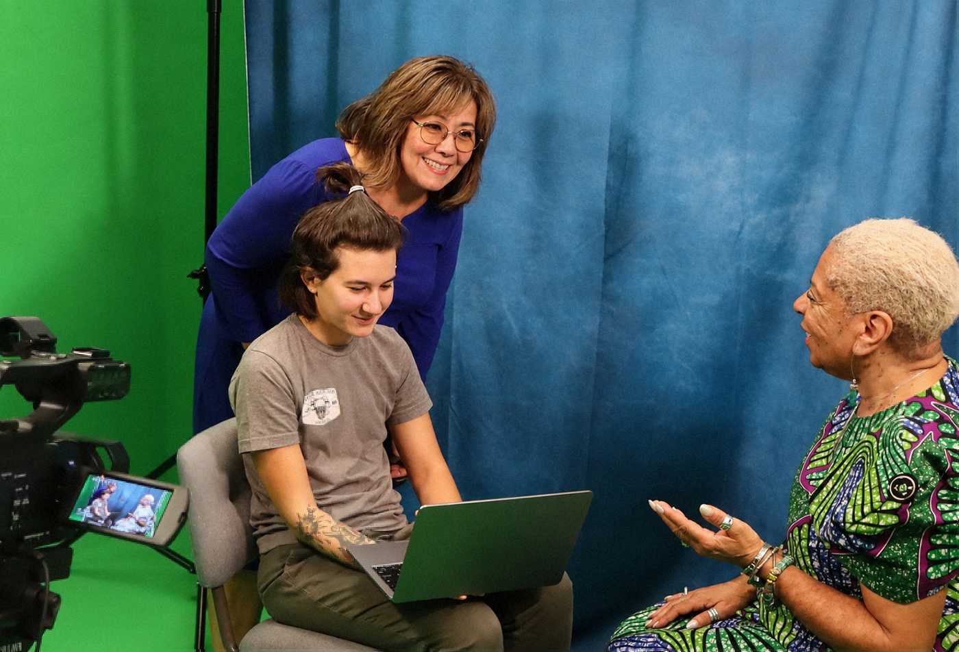 A camera crew records an interview, preserving personal narratives in ASU's Oral History and Storytelling certificate.